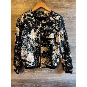 ZARA floral birds Quilted jacket cotton Bomber Women Size Medium Trafaluc